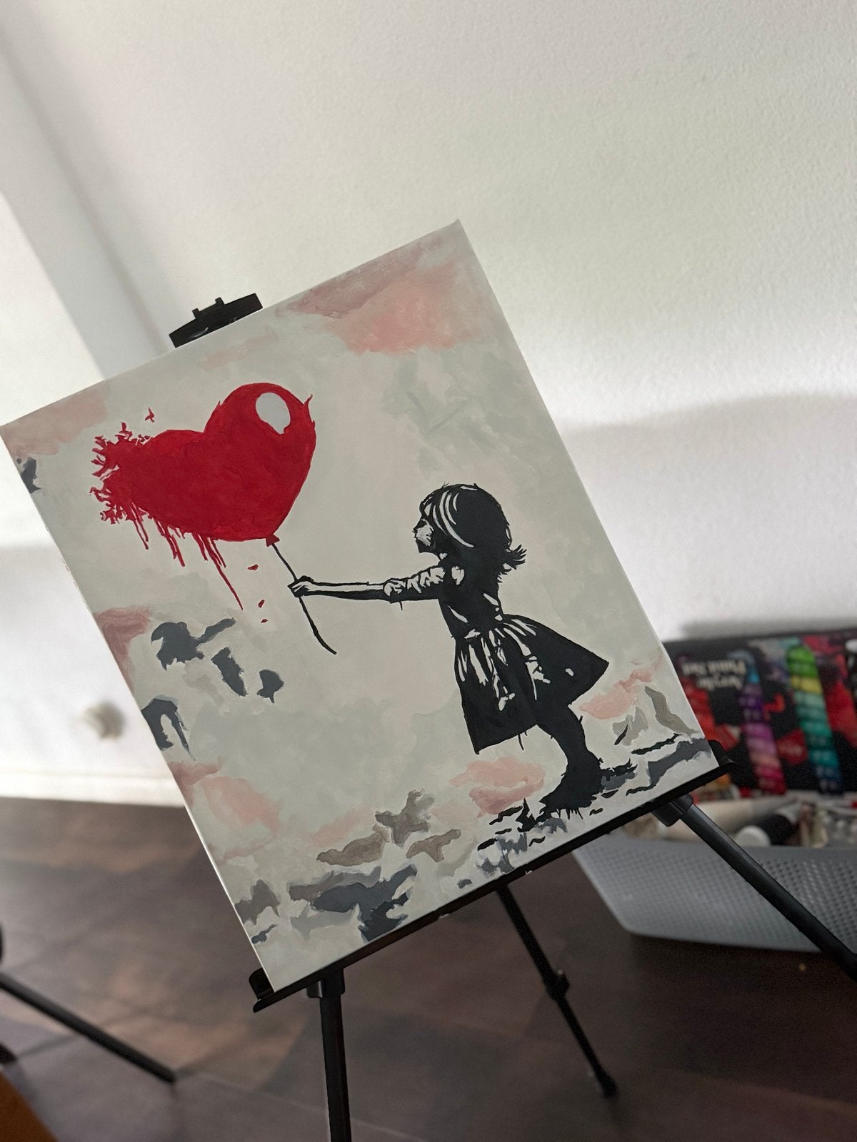 Schilderij 40x50 cm - Banksy 'Girl with Balloon' stijl, Ophalen, Handgeschilderd, Textiel, Figuren