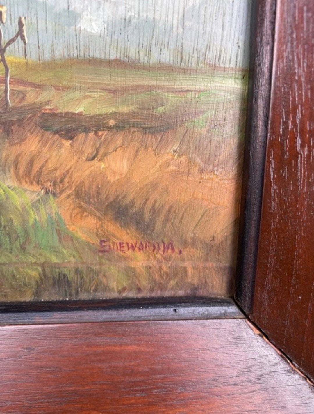Schilderij Soewardja - Javaans landschap met vulkaan, Antiek en Kunst, Paneel, Gesigneerd, Realistisch, Ophalen of Verzenden