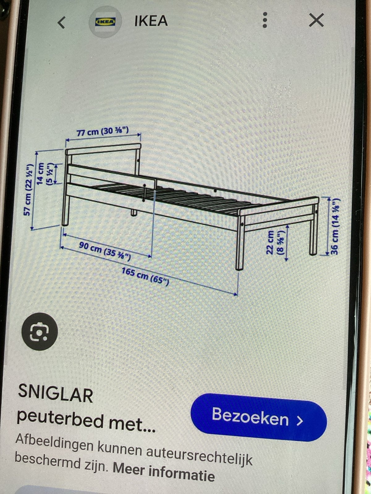 IKEA SNIGLAR Peuterbed met Lattenbodem - 70x160 cm, Ophalen, 70 tot 85 cm, Zo goed als nieuw, Lattenbodem