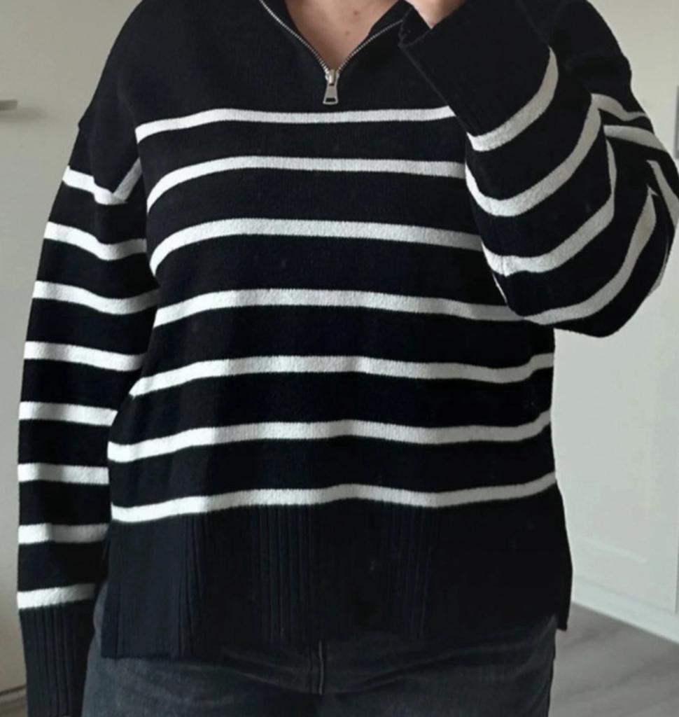 Zara zwarte gebreide trui sweater met strepen en rits, Ophalen of Verzenden, Zo goed als nieuw, Maat 38/40 (M), Zwart