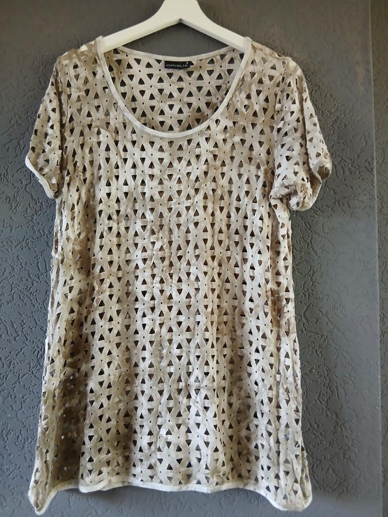 Ophilia tuniek maat 42-44 korte mouw opengewerkt beige, Ophalen of Verzenden