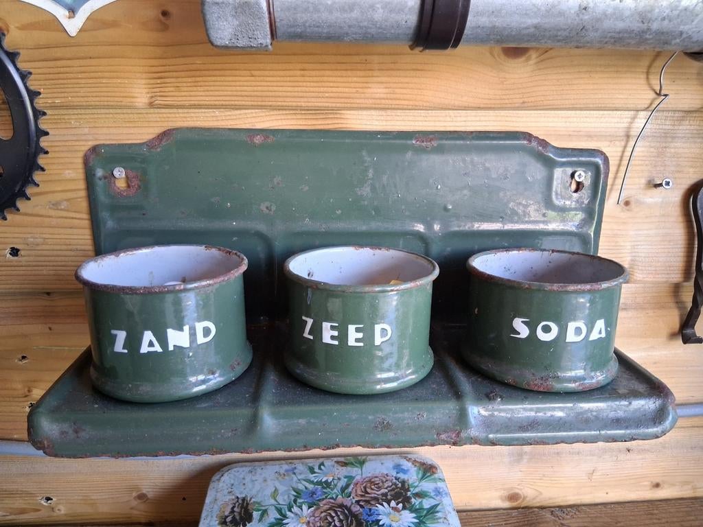 Vintage geëmailleerde zeepbak met potjes, Ophalen of Verzenden