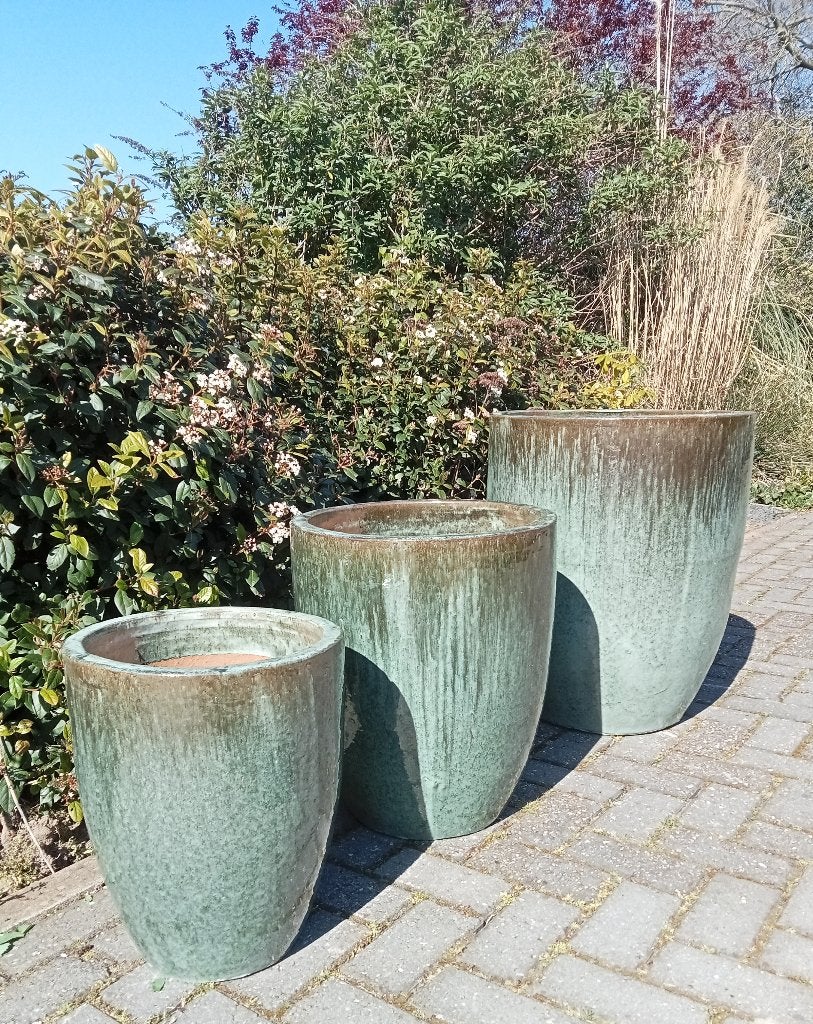 Potten terracotta geglazuurd beton of gietijzer the old way., Tuin en Terras, Rond, Ophalen of Verzenden, Aardewerk, Binnen