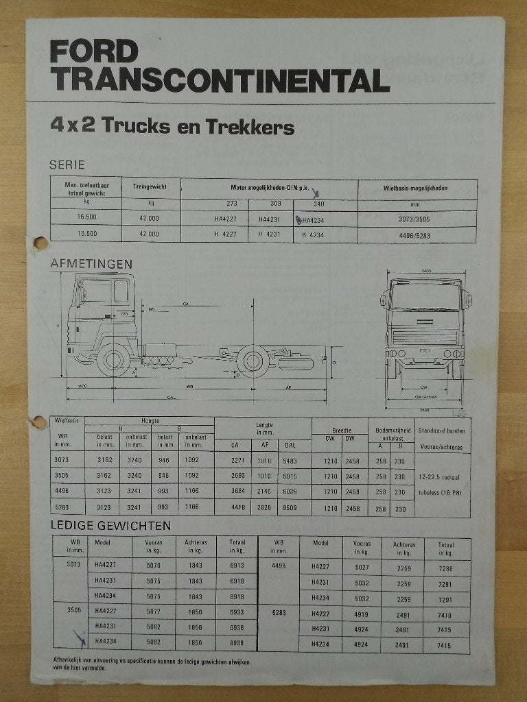 Ford Transcontinental 4x2 Technische Brochure 1975, Ford, Ophalen of Verzenden, Zo goed als nieuw, Ford