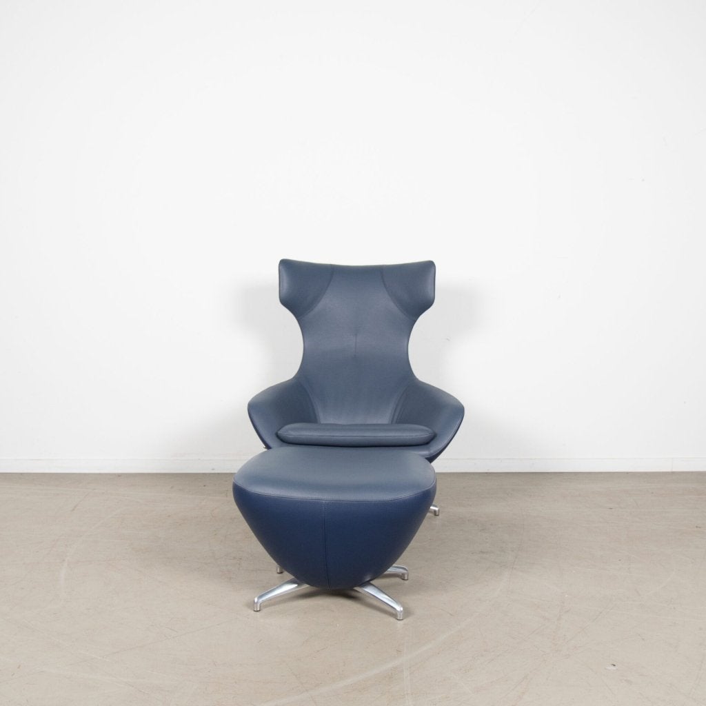 Leolux Caruzzo Fauteuil Donkerblauw Leer + Hocker, Niet ingevuld, Zo goed als nieuw, Niet ingevuld, Niet ingevuld