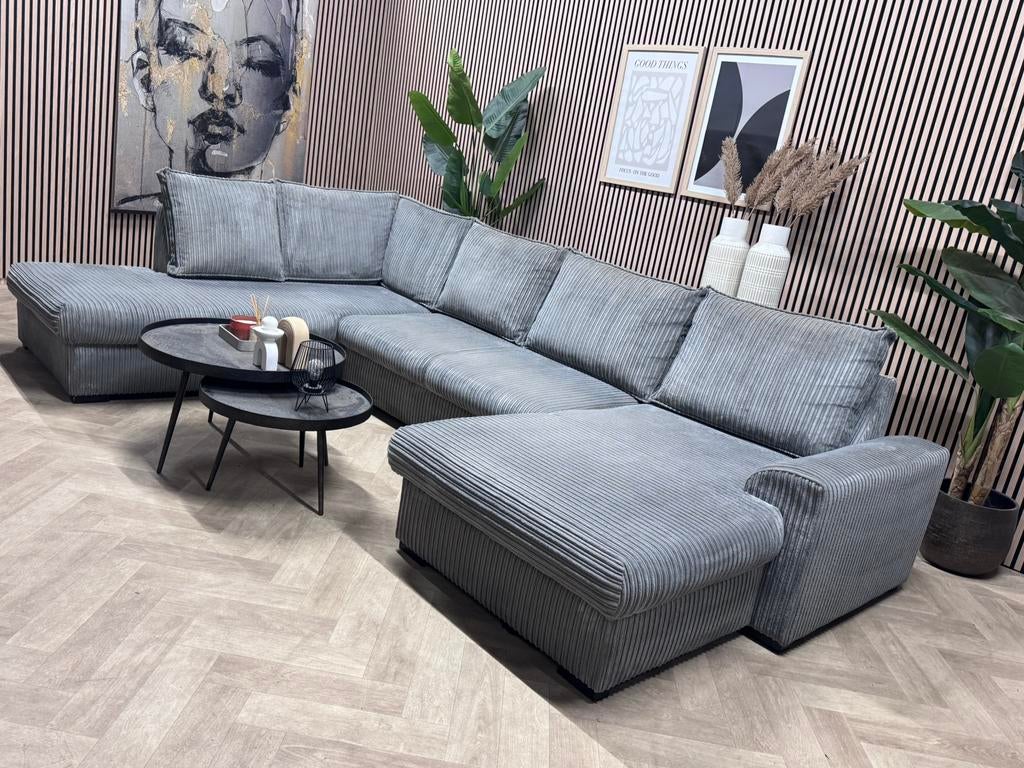 ZGAN Royale Ribstof U-Bank / Hoekbank - Licht Grijs - 345cm, Huis en Inrichting, -, -, 300 cm of meer, Ophalen of Verzenden