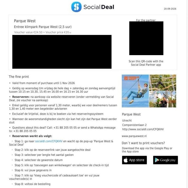 Klimpark Parque West Utrecht – entree 2,5 uur (voucher), Eén persoon, Ticket of Toegangskaart