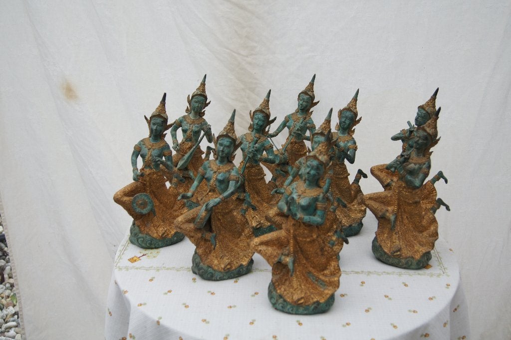 Set van 10 Thaise danseressen beelden, brons, Handgemaakt, Ophalen of Verzenden, Meerkleurig, Metaal
