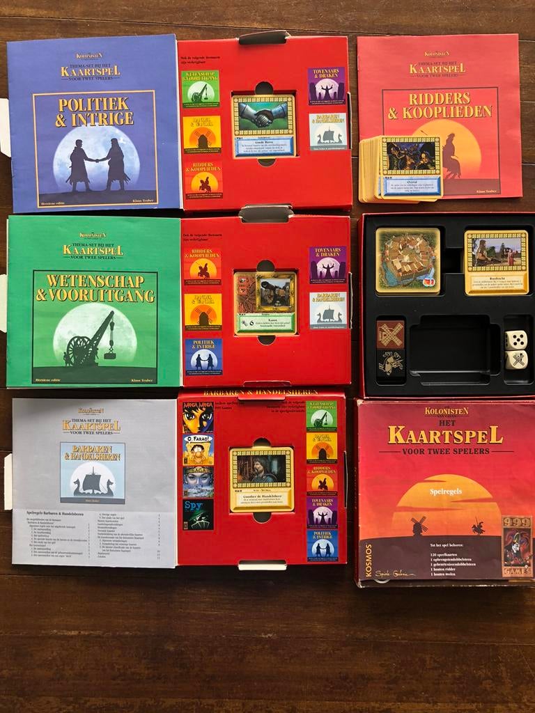 Kolonisten van Catan kaartspel en 4 uitbreidingen, Ophalen of Verzenden, Zo goed als nieuw