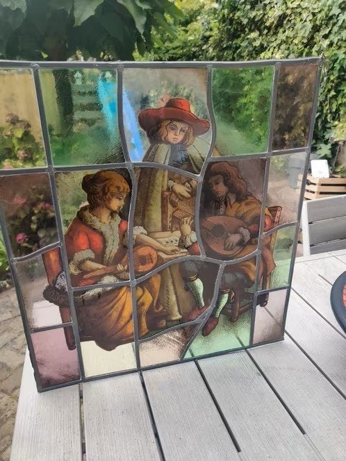 Glas in loodraam met brandschildering. ca. 45x50 cm, Ophalen