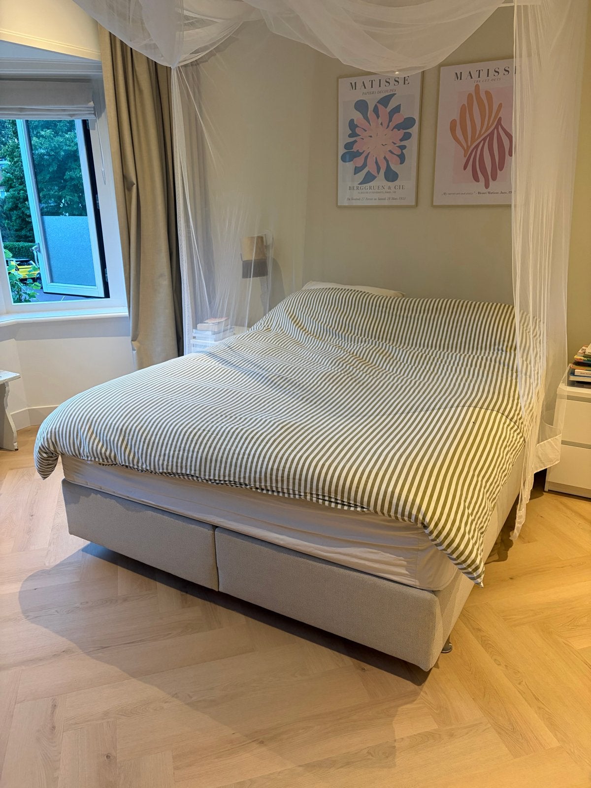 Compleet IKEA Boxspring bed 160x200 met HYLLESTAD matras, Ophalen, Gebruikt, Beige grijs, Beige