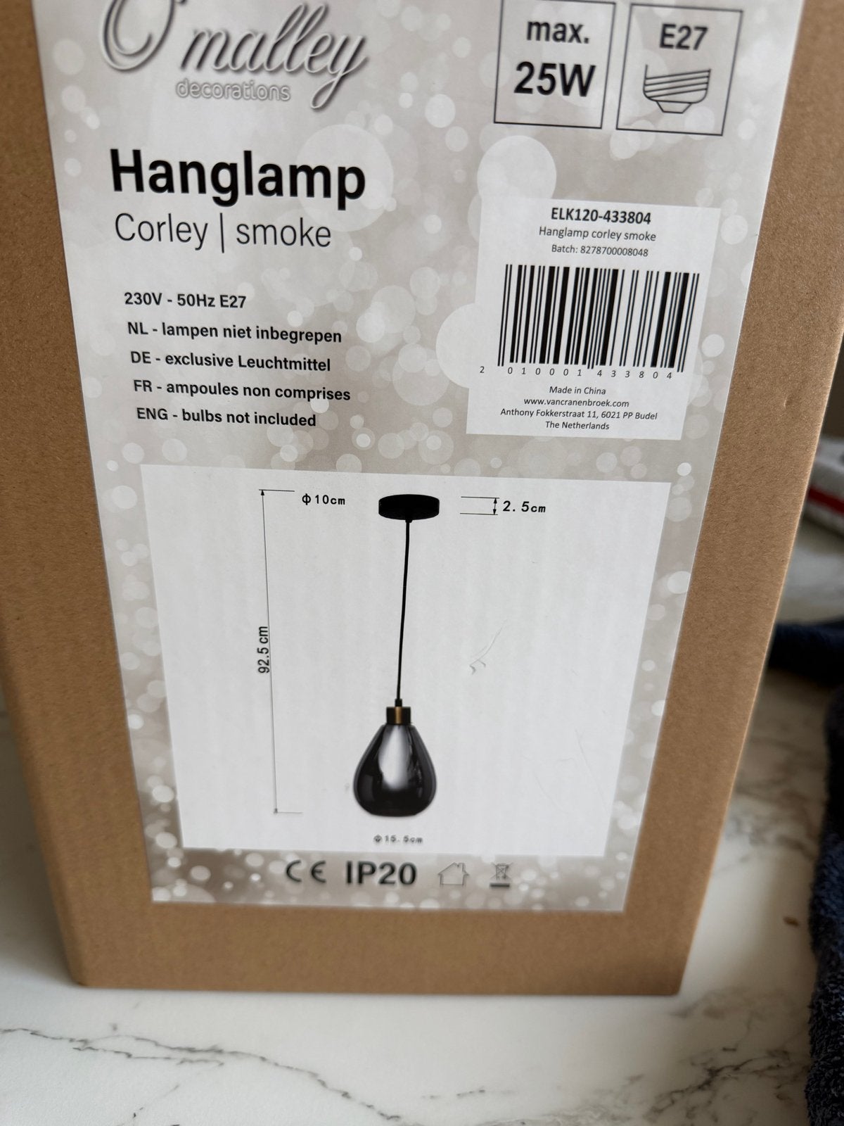 Hanglamp Corley smoke - O'Malley decorations, Ophalen of Verzenden, Nieuw, Glas, 75 cm of meer