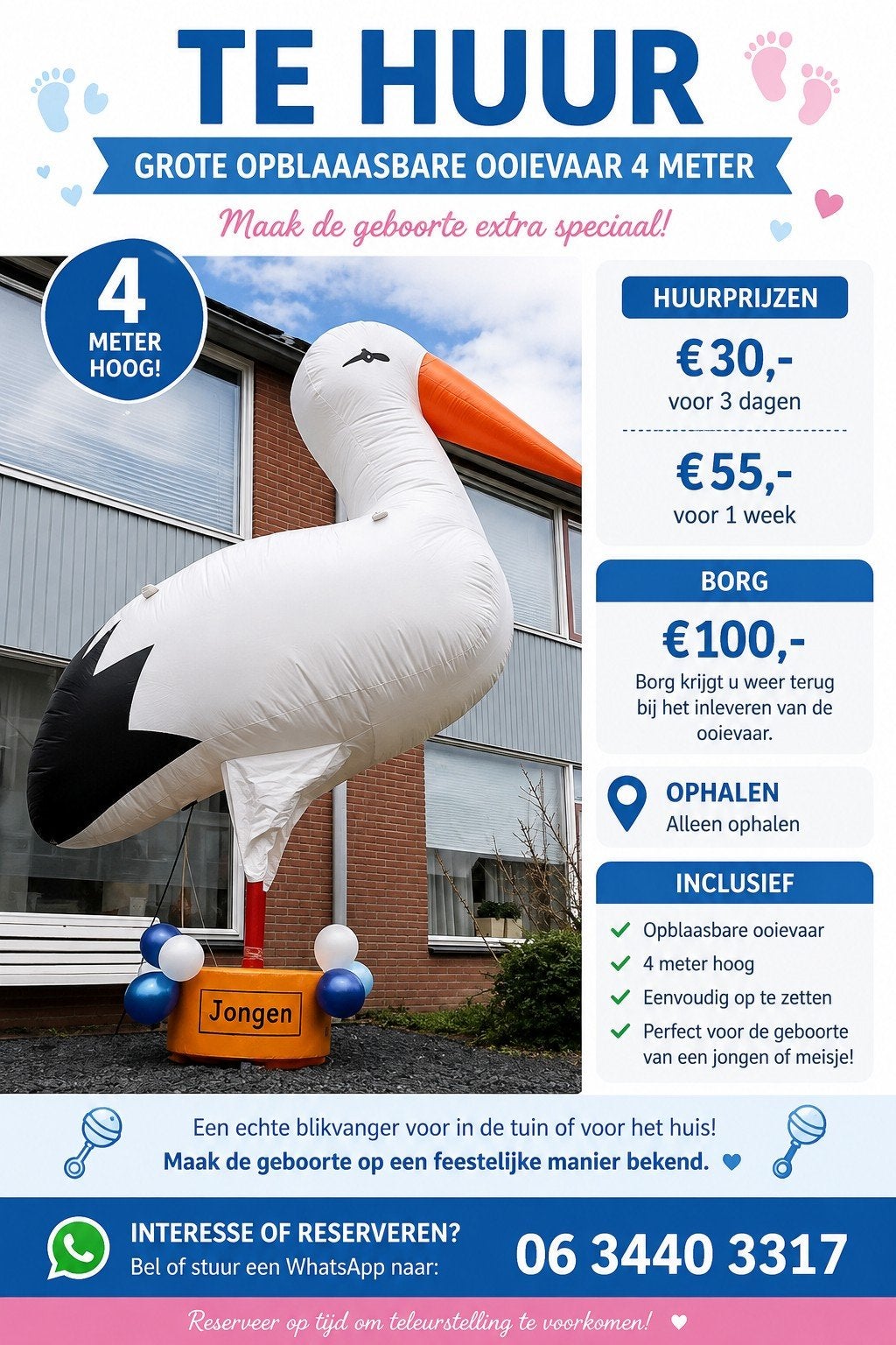 Grote opblaasbare ooievaar 4 meter - Huur voor geboorte, Ophalen, Gebruikt, Geboorte of Huwelijk
