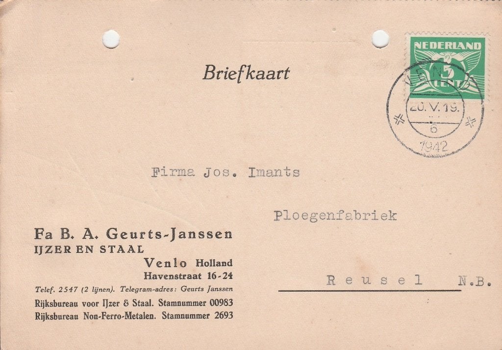 VENLO 1942 Fa BA. GEURTS IJZER en Staal  Havenstr. 16-24, Verzamelen, Verzenden, 1940 tot 1960, Gelopen, Limburg
