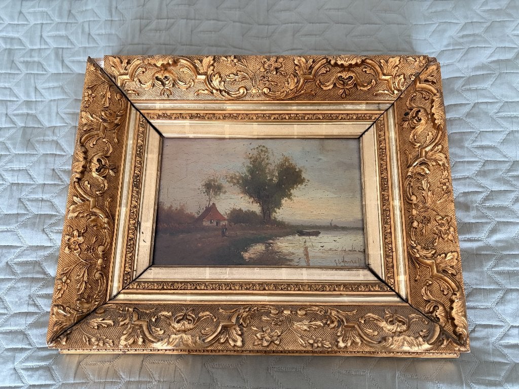 Oud schilderij G.L. Hanse (of Brouwer)  rivierlandschap, Paneel, Oud hollands, Ophalen of Verzenden, Olieverf