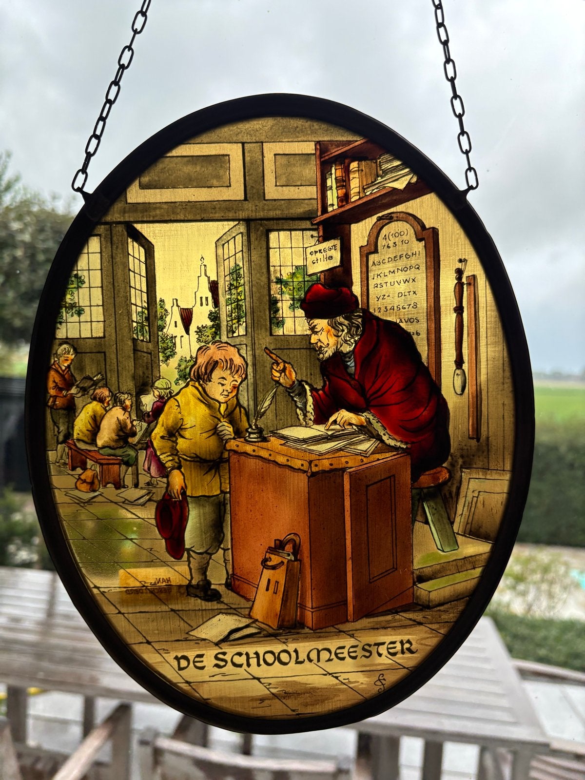 Antiek glas in lood raamhanger 'De Schoolmeester', Ophalen of Verzenden