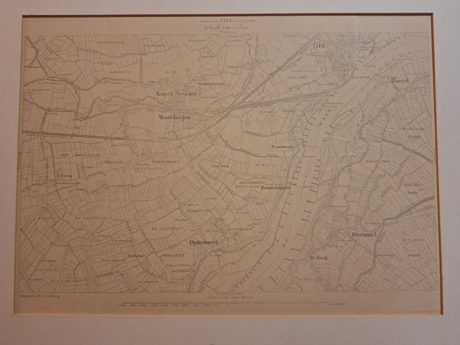 Oude kaart van Tiel en omgeving, inclusief de Waal, Gelezen, Ophalen of Verzenden, Landkaart, 1800 tot 2000