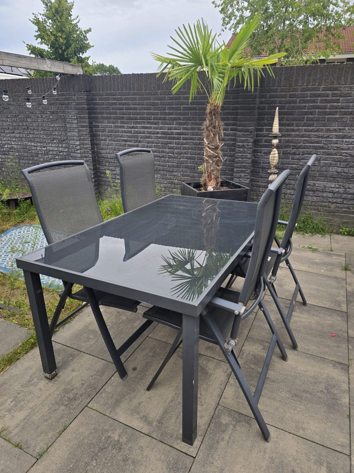 Avanti tuinset met glazen tafelblad en 4 verstelbare stoelen, Ophalen, 4 zitplaatsen, Gebruikt, Aluminium