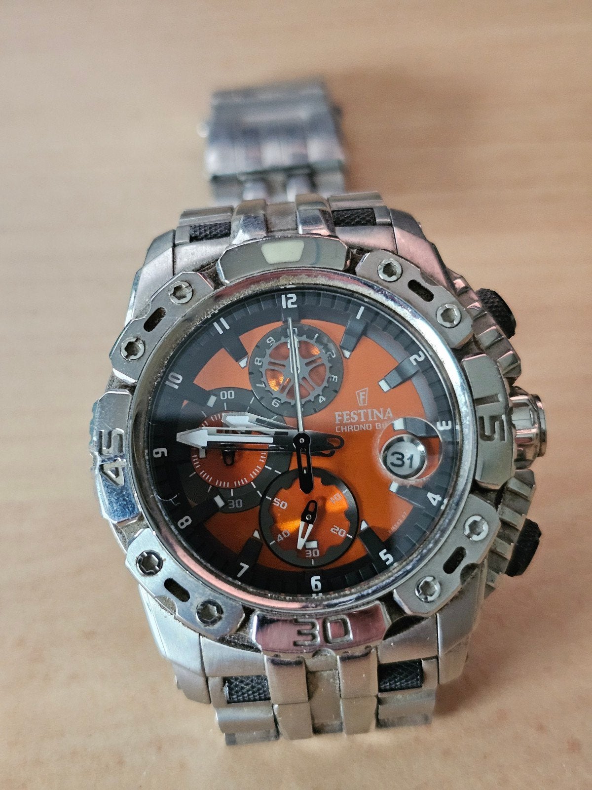 Festina Chrono Bike Herenhorloge - Oranje Wijzerplaat, Staal, Gebruikt, Staal, Polshorloge