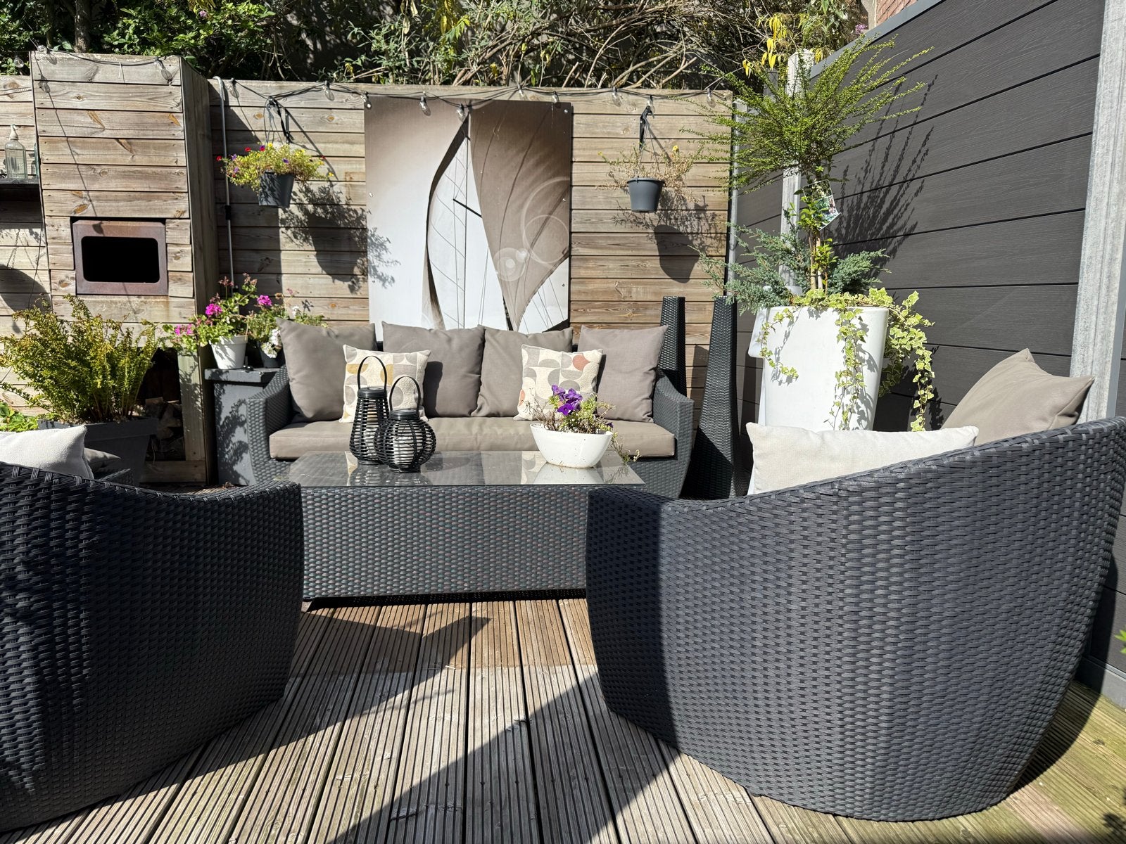 Life Wicker Loungeset met all-Weather kussens kleur Taupe, Ophalen, 5 zitplaatsen, Gebruikt, Loungeset