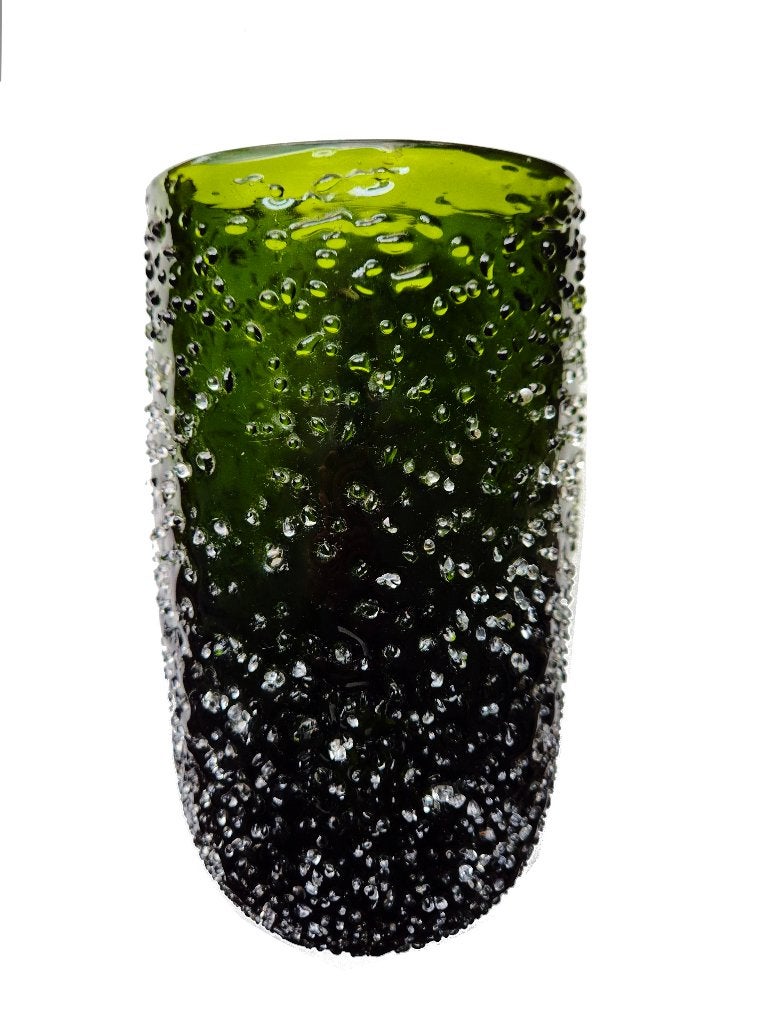 Zeldzame mondgeblazen vintage design frozen vaas, Gebruikt, 25 cm, Ophalen of Verzenden, Glas