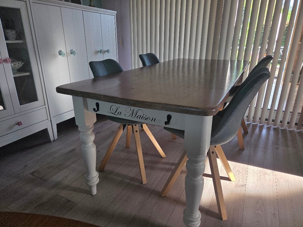 Massief houten eettafel brocante 88x200x78 met wit onderstel, Ophalen, Gebruikt, 50 tot 100 cm, Vijf personen of meer