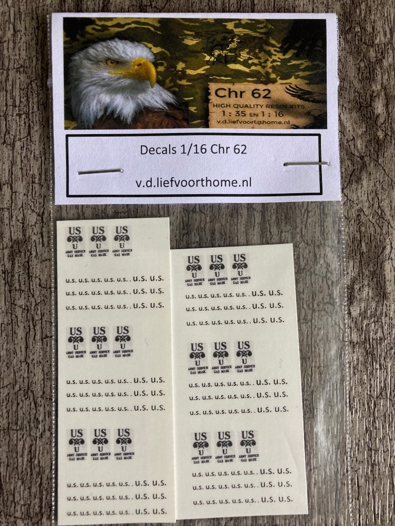 Decals gasmasker tekst en US 1/16, Ophalen of Verzenden, Nieuw, Groter dan 1:35, Figuur of Figuren