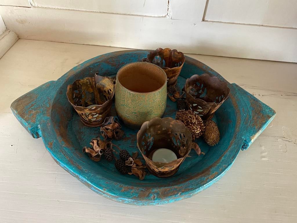 Landelijke houten Chapati schaal incl decoratie, Ophalen of Verzenden, Zo goed als nieuw, Rond, Hout