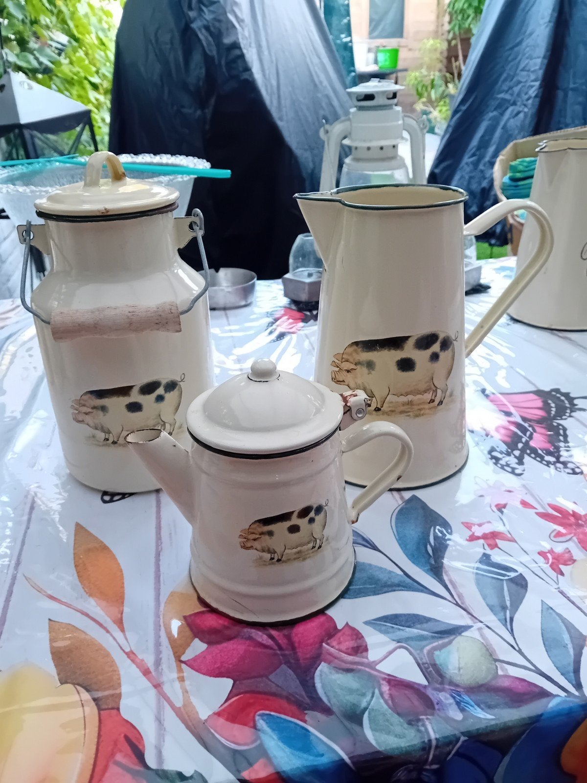 Vintage geëmailleerde theepot, waterkan, melkbus met varkens, Antiek en Kunst, Antiek | Emaille, Ophalen of Verzenden