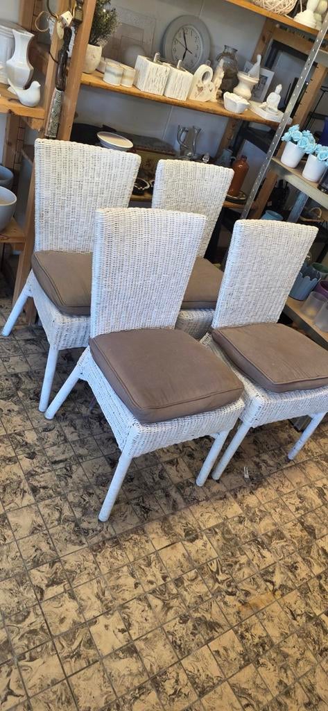 Set van 4 witte rotan stoelen met kussens, Ophalen, Wit, Landelijke, Bohemian, Stof