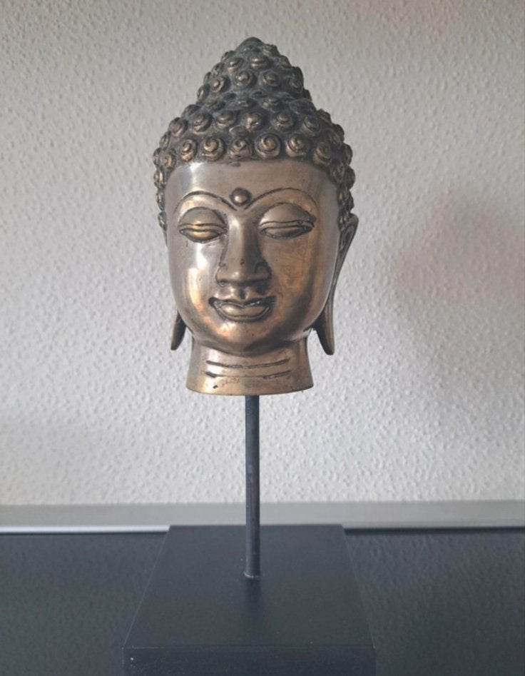 Boeddha hoofd op sokkel - Metaal 2 stuks, Met sokkel, Ophalen of Verzenden, Zilver, Metaal