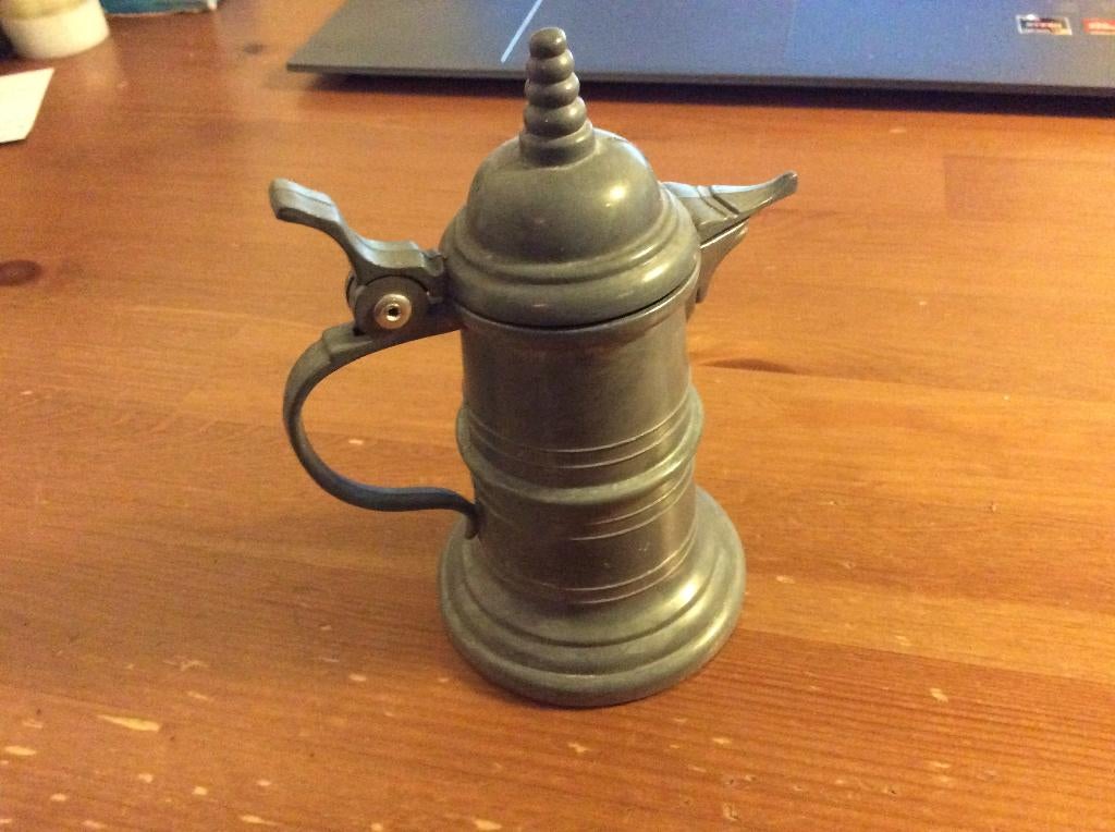 vintage tinnen kannetje met scharnierend deksel. 13 cm hoog, Ophalen of Verzenden
