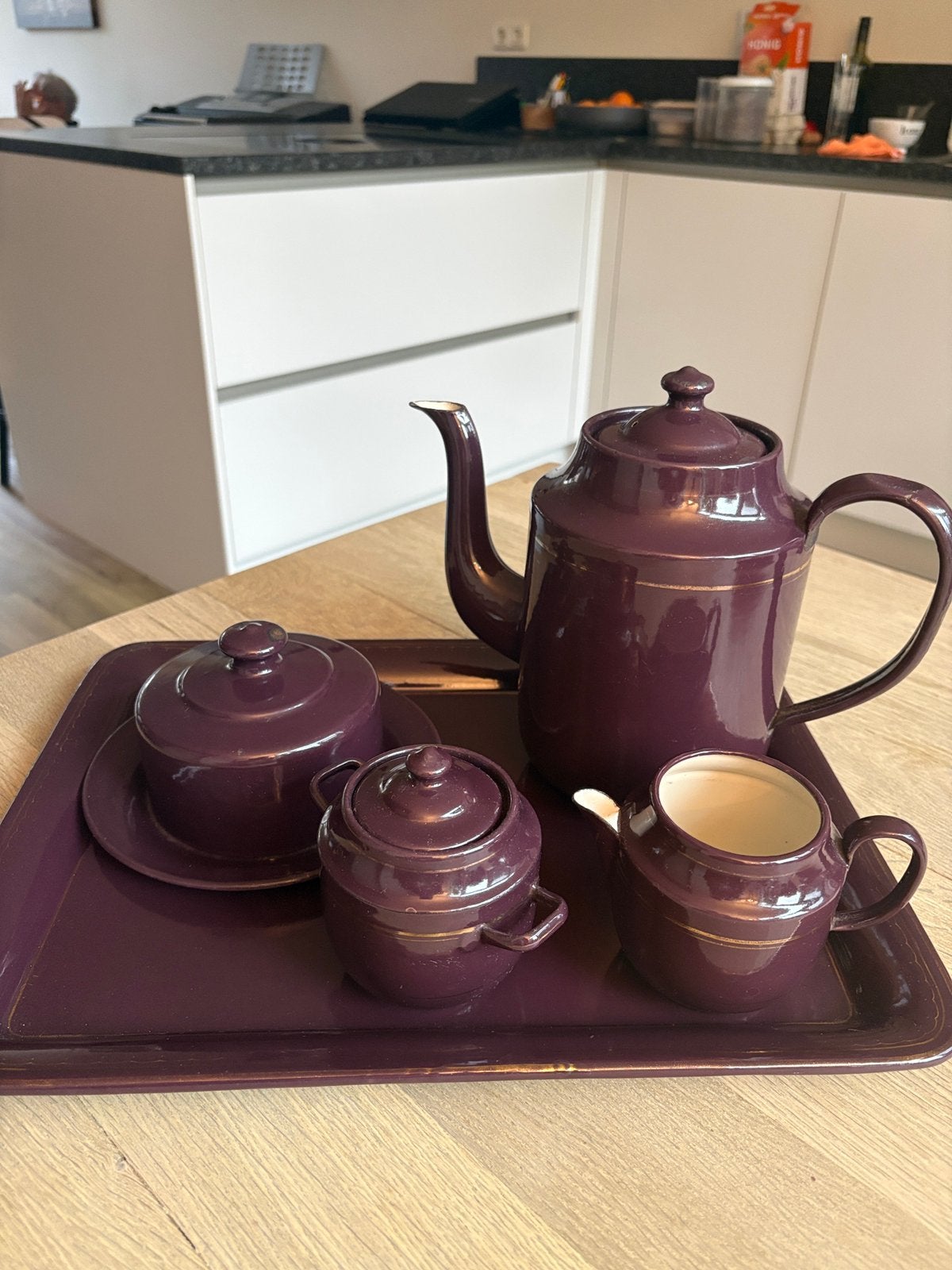 Leuke vintage set in paars emaille, Ophalen of Verzenden
