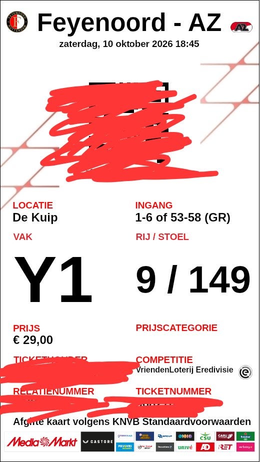 Feyenoord-Az y1, Losse kaart, Eén persoon, Oktober