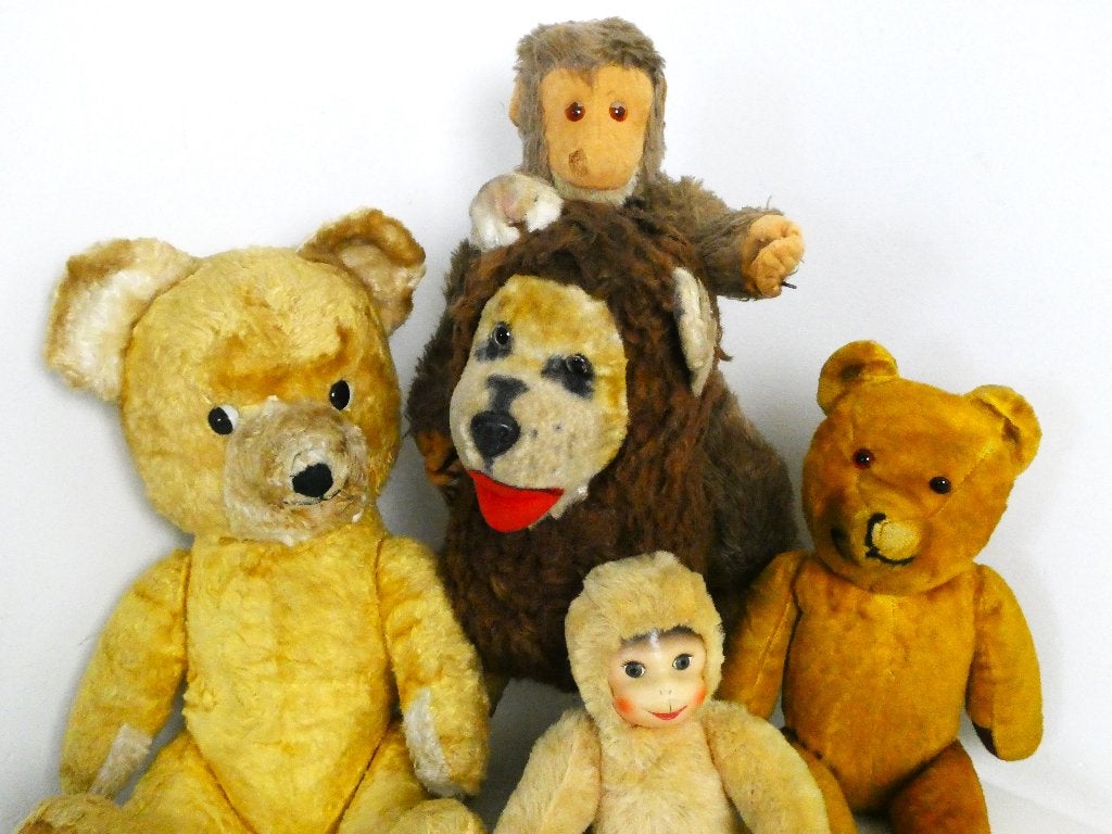 5 Pluche knuffels 2 beren 2 apen 1 leeuw gevuld met stro, Ophalen of Verzenden