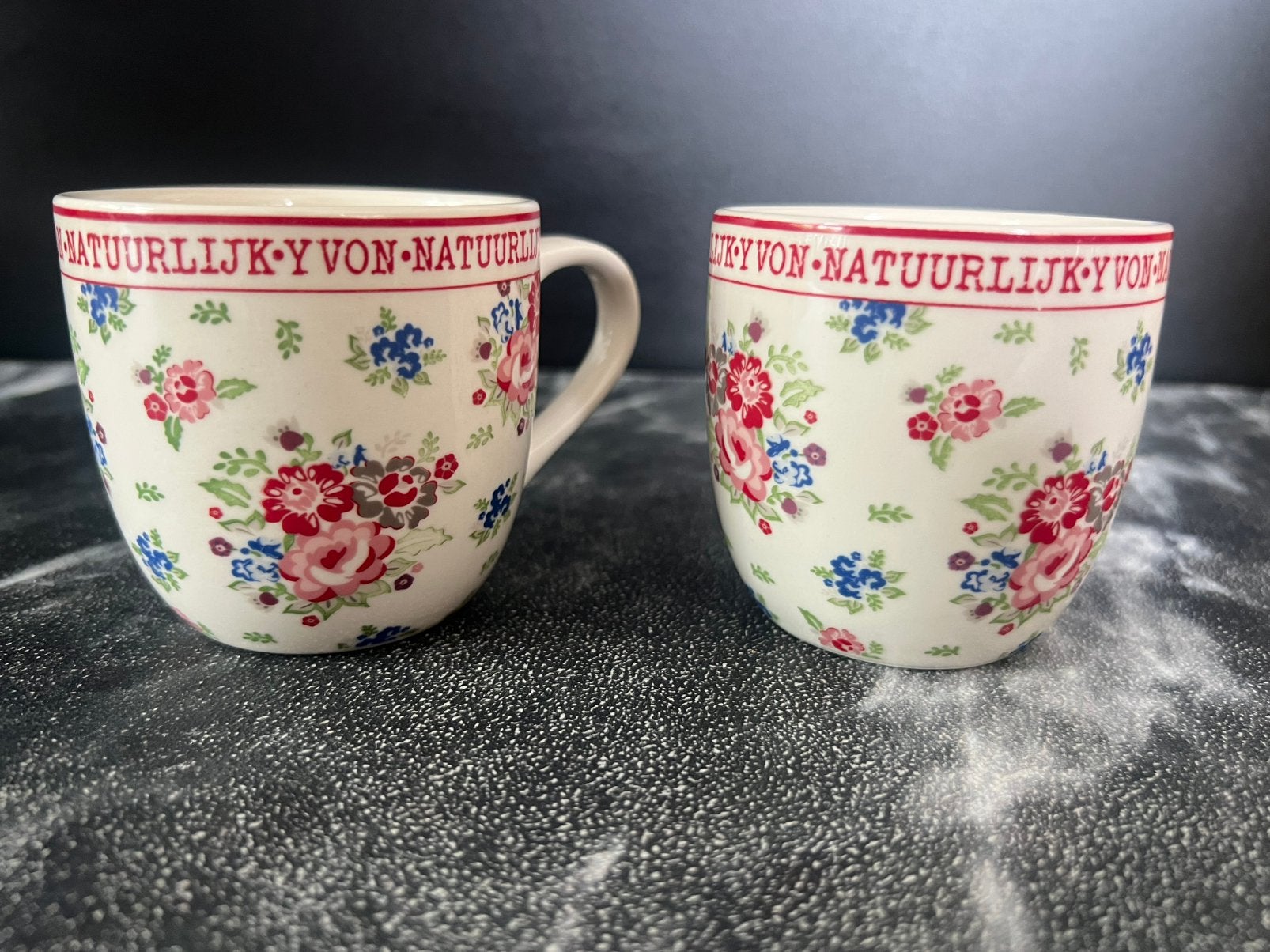 2x kopje/mok natuurlijk yvon bloemen print, Huis en Inrichting, Keramiek, Ophalen of Verzenden, Zo goed als nieuw, Overige stijlen