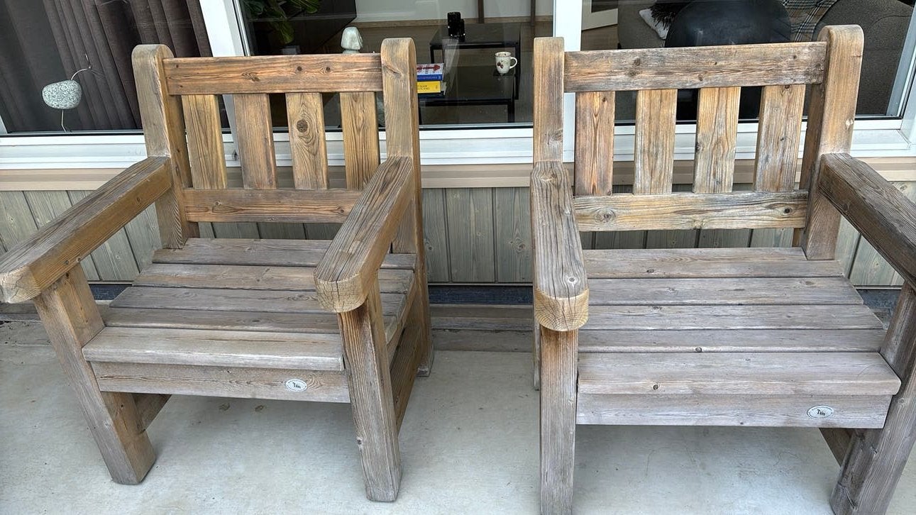 Houten tuinstoel robuust met tafelte, Tuin en Terras, Ophalen, Gebruikt, Rechthoekig, Hout
