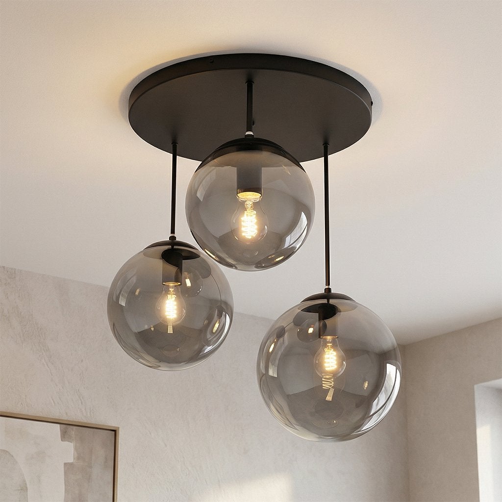 Dolf Olucia Plafondlamp met 3 Rookglazen Bollen, Ophalen of Verzenden, Nieuw, Glas, E27 (groot)