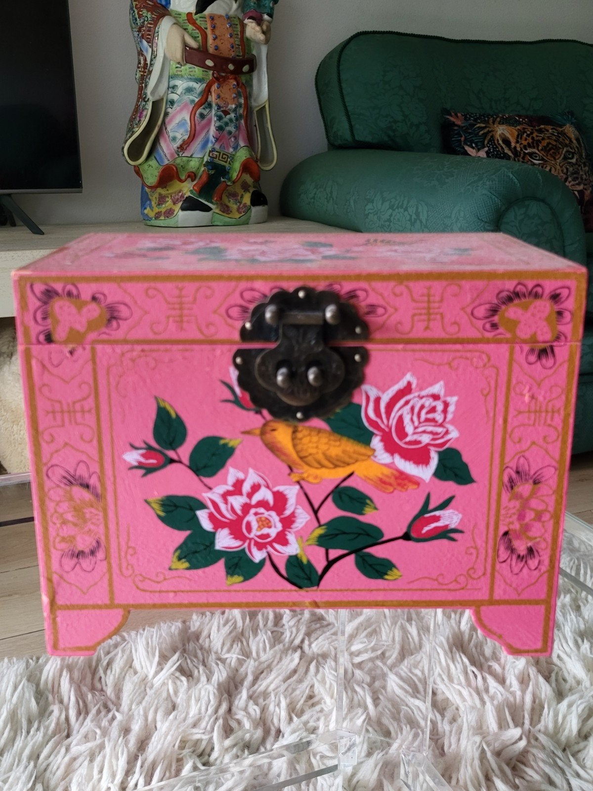 Roze Oosterse Kist met Vogel en Bloemen Decoratie, Minder dan 50 cm, Gebruikt, Minder dan 50 cm, Ophalen of Verzenden