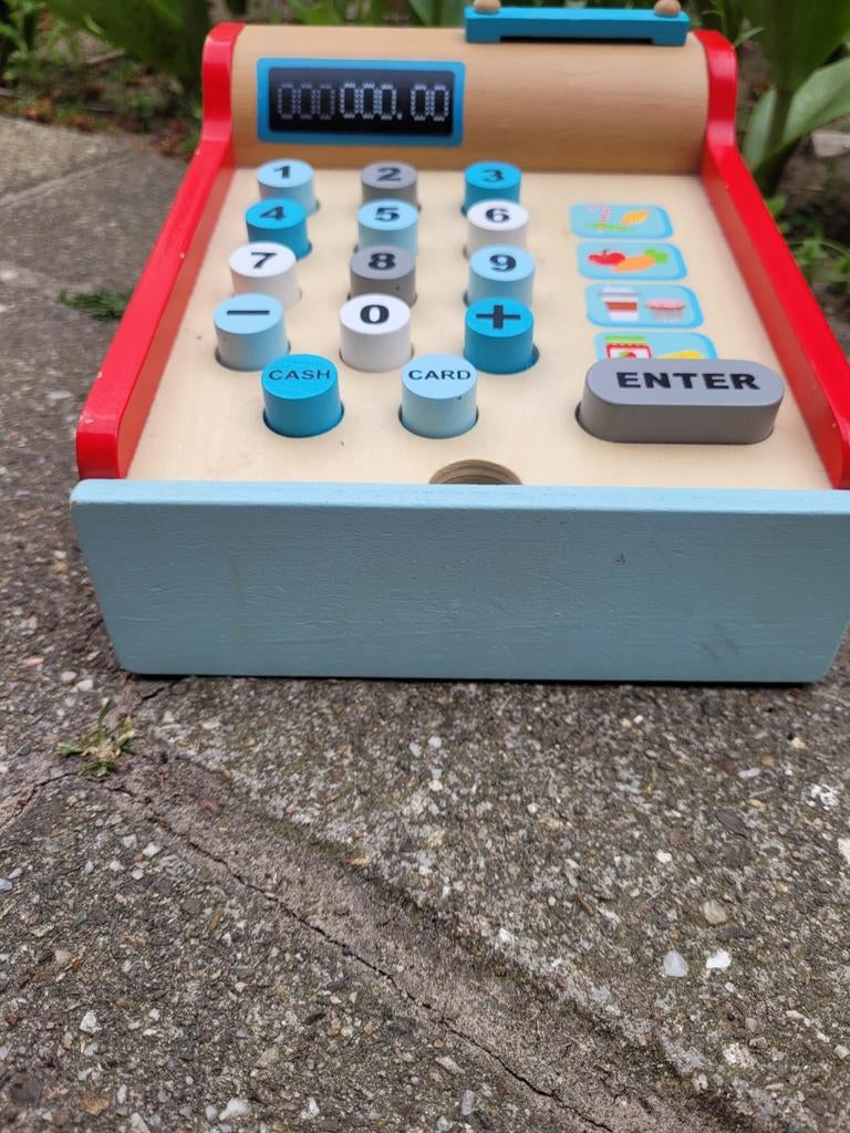 Houten Speelgoed Kassa met Lade en Accessoires, Ophalen of Verzenden, Gebruikt, Jongen of Meisje
