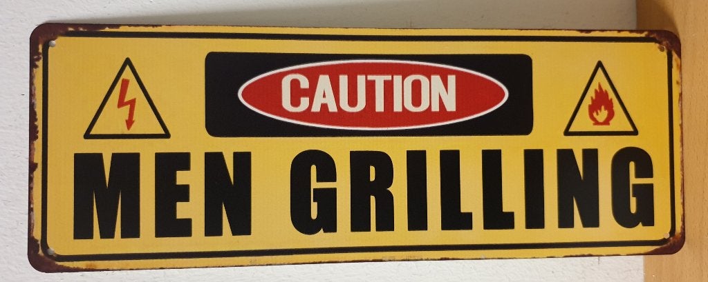 Caution men grilling bbq reclamebord van metaal wandbord, Info@deconoord.nl, Deco Noord, Nieuw, Ophalen of Verzenden
