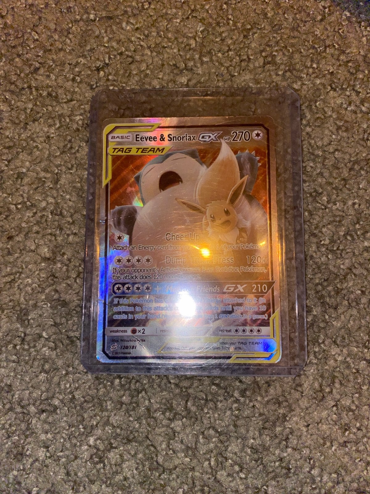Pokémon Kaart: Eevee & Snorlax GX Tag Team, Hobby en Vrije tijd, Ophalen of Verzenden, Gebruikt, Losse kaart, Foil