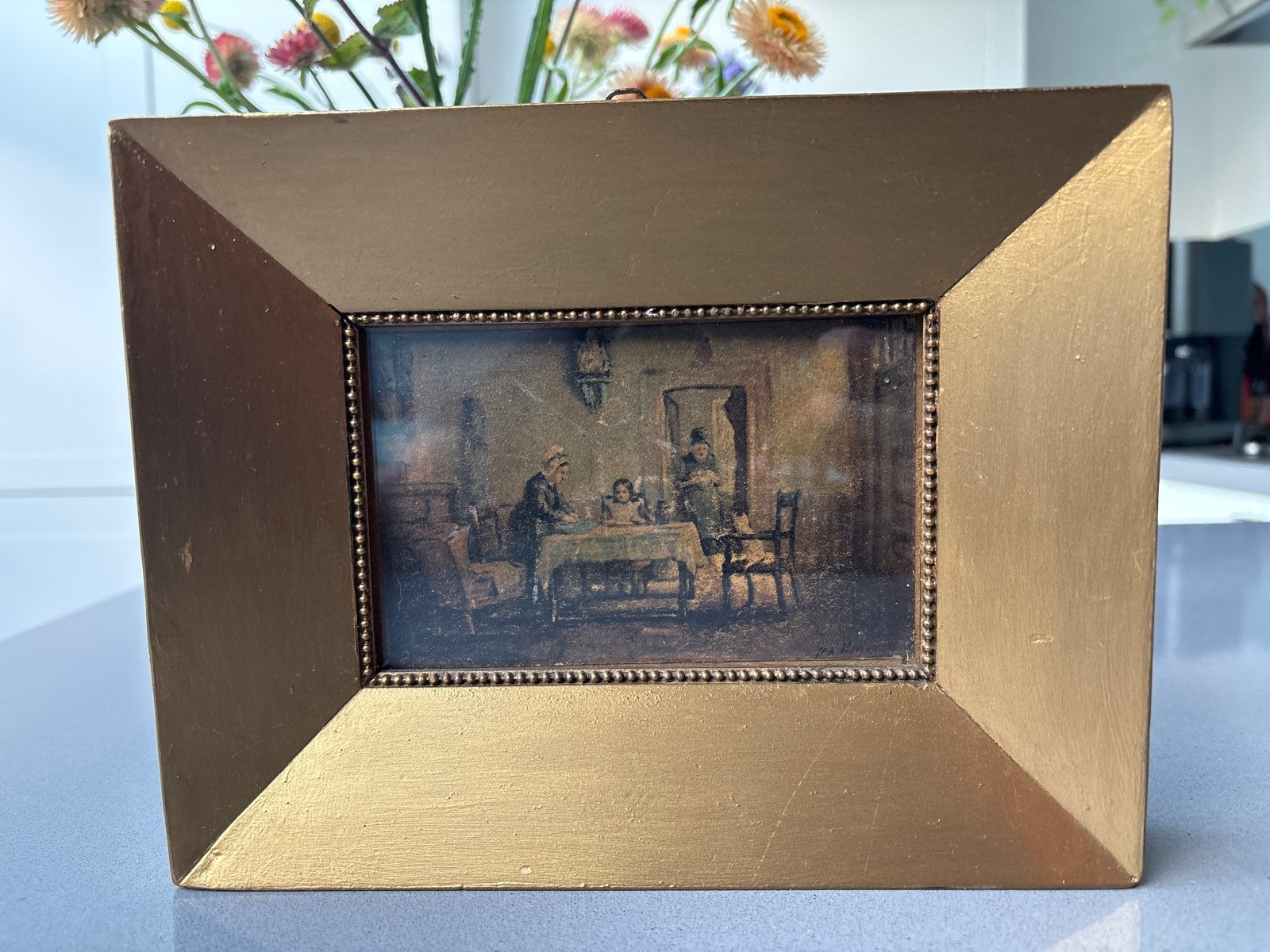 Lief tafereeltje aan tafel, Afm 18x23 cm, Paneel, Portret of Personen, Realistisch, Ophalen of Verzenden