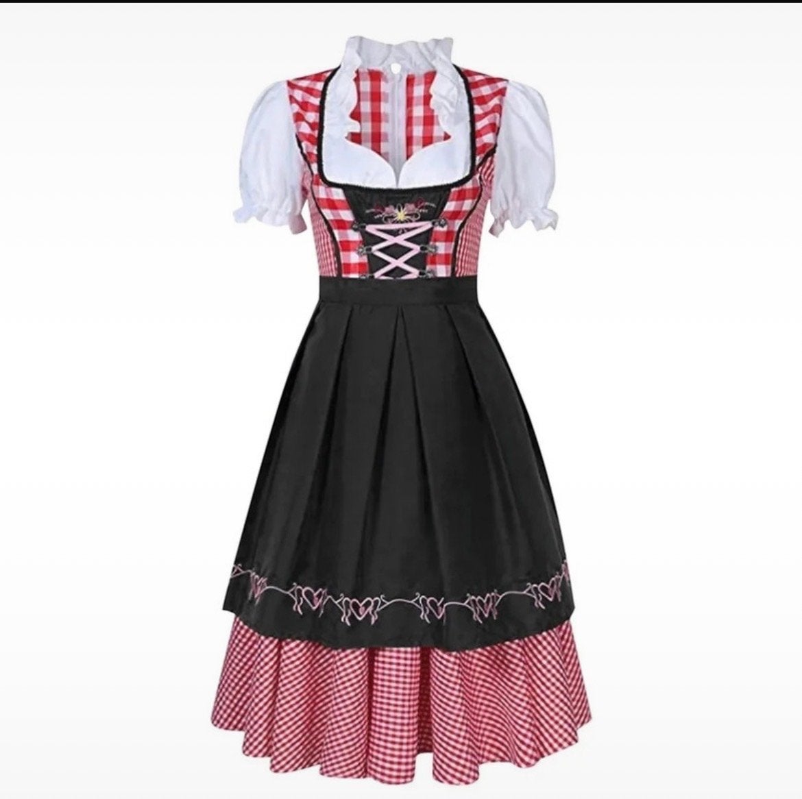 Dirndl jurk rood/wit geruit met zwart schort, Overige typen, Zo goed als nieuw, Rood, Ophalen