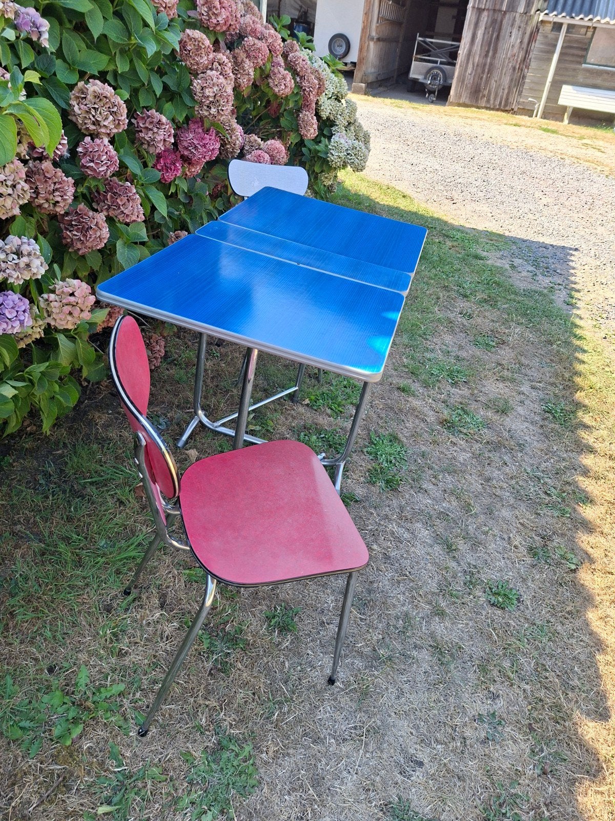 Retro Formica Eettafel Setje - Blauwe Tafel met Stoeltjes, Ophalen, Gebruikt, 100 tot 150 cm, Retro, Vintage, Jaren '50, Jaren '60