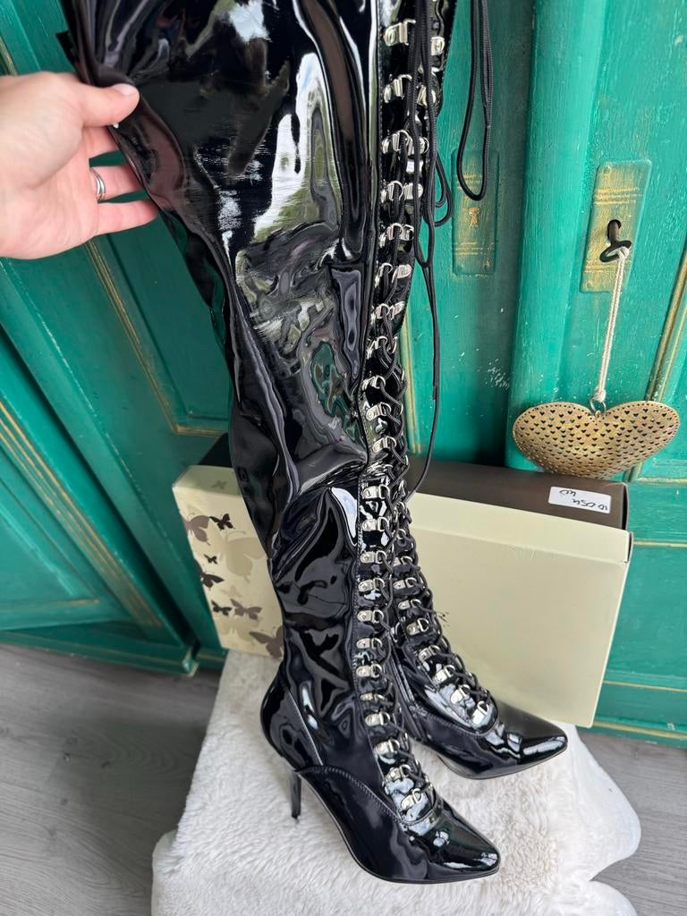 Pleaser Seduce-3024 Zwarte Lak Thigh High Laarzen EU 40, Ophalen of Verzenden, Zo goed als nieuw, Zwart, Hoge laarzen