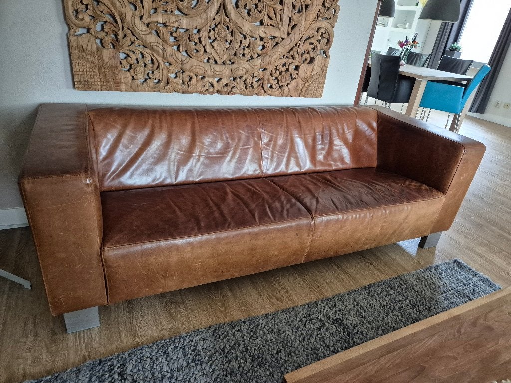 Luxe bankstel leer bruin, Huis en Inrichting, Banken | Bankstellen, Gebruikt, Rechte bank, Driepersoons, 200 tot 250 cm, 75 tot 100 cm