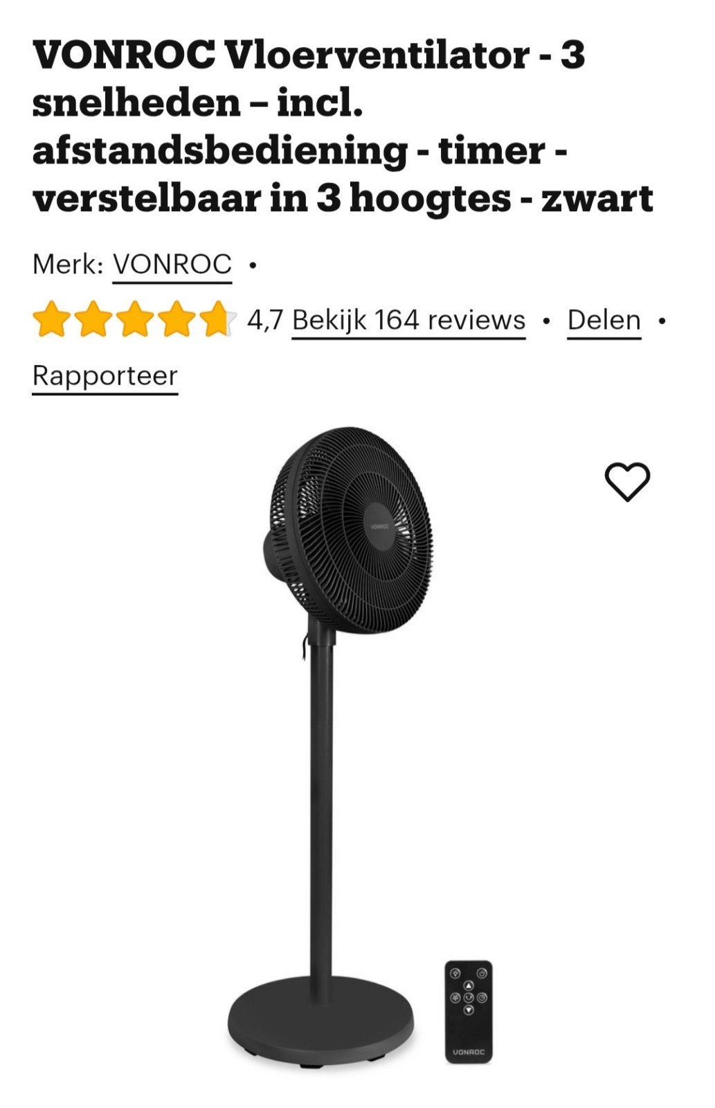 Vloerventilator - 3 snelheden, Witgoed en Apparatuur, Ophalen, Ventilator met afstandsbediening, Nieuw, Statiefventilator