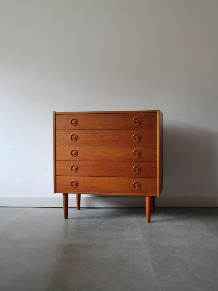 Vintage Deense ladekast in teak, 5 laden of meer, Zo goed als nieuw, Vintage retro midcentury Deens design, Onbekend
