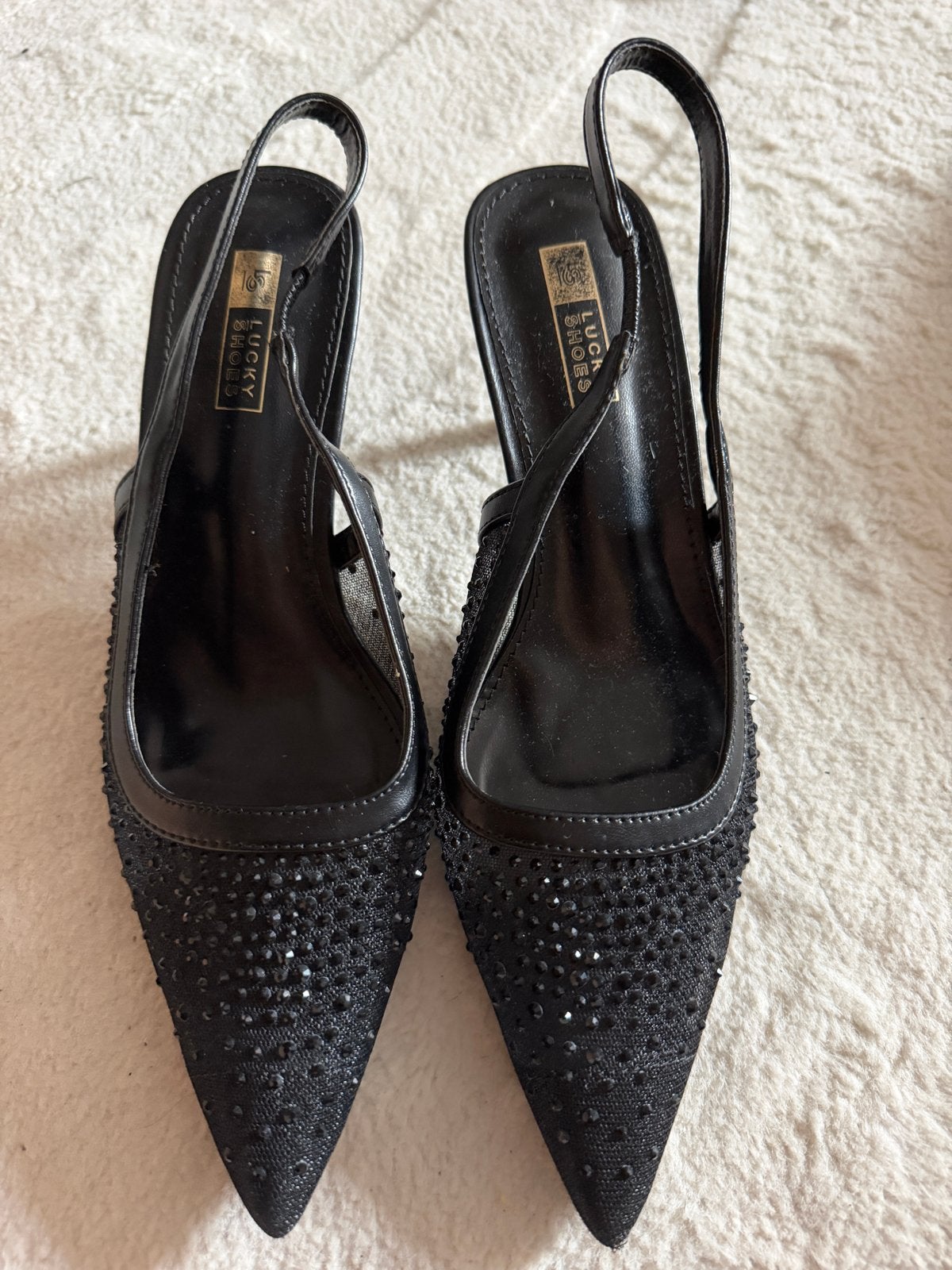 Zwarte Hakken Dames Maat 39 met Diamanten/Rhinestones, Ophalen, Zo goed als nieuw, Zwart, Pumps